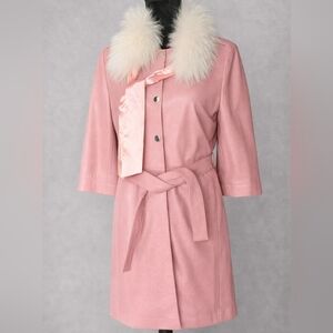 “Ottimo Genuine Leather Pink Trench Coat w/ Faux Fur Collar Belted Size M”